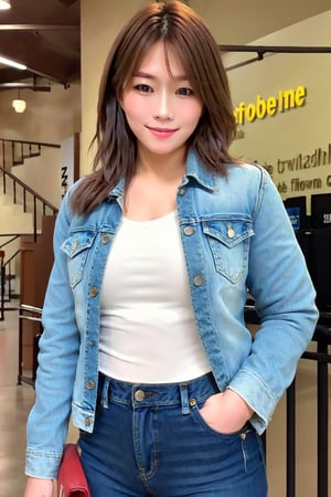 sexy smile, wearing tight levis jeans and levis women denim jacket in light blue color