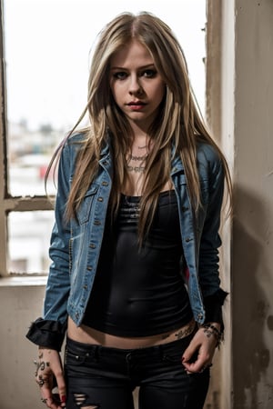 Avril Lavigne, punk girl attire, tight jeans, denim jacket, punk girl makeup, hot dark lips, messy hair