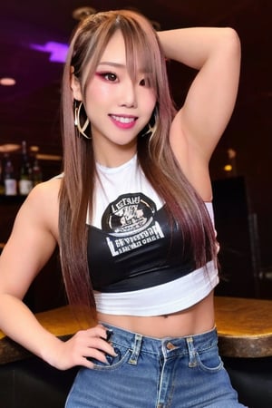 Kairi Sane is a hot supermodel girl flirting with you in a bar and she poses provocatively trying to have your attention, she could touch her hair or touching you, smiling flirty, hoop earrings, slim body, kairi sane hair style, blonde hair, she is wearing tight levi's jeans and a sexy cropped t-shirt