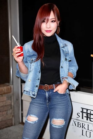 Kairi Sane in her young years, she is wearing a rebel girl attire with frayed jeans, oversize frayed denim jacket, fashion belt, she poses sexy as a supermodel in a party, she smokes a cigarette,kairisane