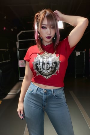 Japanese onlyfans model woman, 36 years old, dark lips, kairi sane hairstyle, typical fashion model woman outfit, large hoop earrings, red t-shirt, punk girl makeup, full body shot, slim girl, sexy body, long nails,sexy jeans,Sexy Pose,blackbootsnjeans,1 girl 