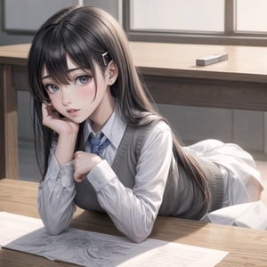Natural Light, (Best Quality, highly detailed, Masterpiece), ((wide shot)), 
(beautiful and detailed eyes), (realistic detailed skin texture), (detailed hair), 1girl, long hair, blue eyes, shirt, black hair, hair ornament, long sleeves, sitting, school uniform, white shirt, upper body, necktie, solo focus, hairclip, collared shirt, indoors, vest, grey eyes, blurry background, looking away, desk, sweater vest, head rest, classroom, ((perfect anatomy)), ((Ancient Chinese painting)), (clean outline), (sketch style line art),