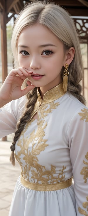 Envision a cute little girl, white hair, gold eyes, ((kiss pose)), wear 2 golden star earings, white clothes, cheongsam with golden thread embroidery, steel chestpad, holding face mask with right hand, symetrical, looking up, ((adorable expression)), upper body, hair strand, Fair skin, glistening, 2 side braids, best quality, masterpiece, sharp focus, super detailed, 8k, high angle photo, close up, high contrast, 