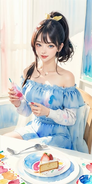 masterpiece, top quality, aesthetic, (watercolor style: 1.7), 1 woman, solo, long hair, looking at viewer, smiling, happy, open mouth, bangs, blue eyes, blonde hair, dress, long sleeves, off-shoulder dress, ribbon, holding, sitting, hair ribbon, , ponytail, :d, heart, frill, food, glass, straw, red ribbon, neck ribbon, fruit, chair, table, holding food, plate, orange juice, cake, strawberry, fork, holding fork,watercolor \(medium\)