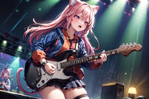 solo,closeup face,cat girl,cat tail,colorful aura,pink hair,long hair,animal head,red tie,blue jacket,colorful short skirt,orange shirt,colorful sneakers,wearing a colorful  watch,singing in front of microphone,play electric guitar,animals background,fireflies,shining point,concert,colorful stage lighting,no people