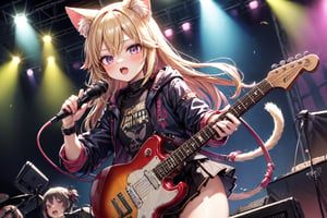 solo,closeup face,cat girl,cat tail,colorful aura,golden hair,long hair,double tail,colorful tie,colorful jacket,colorful short skirt,colorful shirt,colorful sneakers,wearing a colorful  watch,singing in front of microphone,play electric guitar,animals background,fireflies,shining point,concert,colorful stage lighting,no people