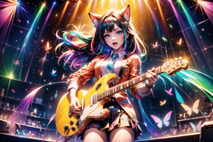 solo,closeup face,animal boy,colorful aura,colorful hair,animal head,red tie,colorful  jacket,colorful short skirt,orange shirt,colorful sneakers,wearing a colorful  watch,singing in front of microphone,play electric guitar,animals background,fireflies,shining point,concert,colorful stage lighting,no people
