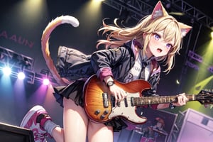 solo,closeup face,cat girl,cat tail,colorful aura,golden hair,colorful tie,colorful jacket,colorful short skirt,colorful shirt,colorful sneakers,wearing a colorful  watch,singing in front of microphone,play electric guitar,animals background,fireflies,shining point,concert,colorful stage lighting,no people