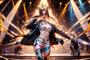 solo,zebra girl,closeup face,zebra head,play electric guitar,singing in front of microphone,
golden wings,hungry pose,zebra sunglasses,zebra  pantyhose,zebra  jacket,zebra shirt,zebra shorts,zebra  sneakers,zebra underwear,panda aura,5_figner,shining point,concert,colorful stage lighting,animals background,no people