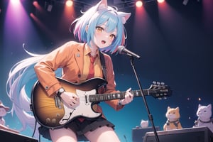 solo,closeup face,animal girl,colorful aura,colorful hair,animal head,red tie,colorful  jacket,colorful short skirt,orange shirt,colorful sneakers,wearing a colorful  watch,singing in front of microphone,play electric guitar,animals background,fireflies,shining point,concert,colorful stage lighting,no people