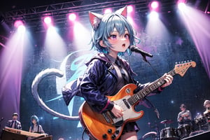 solo,closeup face,cat girl,cat tail,colorful aura,blue hair,short hair,colorful tie,colorful jacket,colorful short skirt,colorful shirt,colorful sneakers,wearing a colorful  watch,singing in front of microphone,play electric guitar,animals background,fireflies,shining point,concert,colorful stage lighting,no people