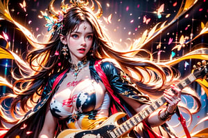 solo,cow girl,closeup face,cow head,holding electric guitar,singing in front of microphone,
cow wings,hungry pose,milk pantyhose,cow jacket,cow shirt,zebra shorts,cow underwear,milk aura,shining point,concert,colorful stage lighting,milk background,no people,Butterfly,electric guitar,rock music