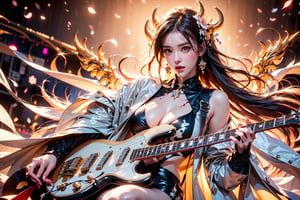 solo,cow girl,closeup face,cow head,play electric guitar,singing in front of microphone,
cow wings,hungry pose,milk pantyhose,cow jacket,cow shirt,zebra shorts,cow underwear,milk aura,5_figner,shining point,concert,colorful stage lighting,milk background,no people