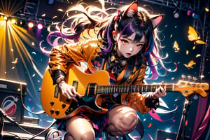 solo,closeup face,cat girl,colorful aura,purple hair,long hair,animal head,red tie,colorful  jacket,colorful short skirt,orange shirt,colorful sneakers,wearing a colorful  watch,singing in front of microphone,play electric guitar,animals background,fireflies,shining point,concert,colorful stage lighting,no people