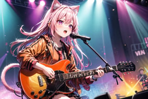 solo,closeup face,cat girl,cat tail,colorful aura,pink hair,long hair,animal head,red tie,colorful jacket,colorful short skirt,orange shirt,colorful sneakers,wearing a colorful  watch,singing in front of microphone,play electric guitar,animals background,fireflies,shining point,concert,colorful stage lighting,no people