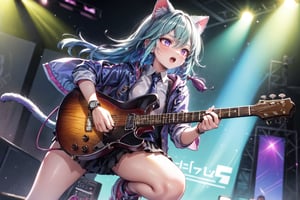 solo,closeup face,cat girl,cat tail,colorful aura,blue hair,long hair,colorful tie,colorful jacket,colorful short skirt,colorful shirt,colorful sneakers,wearing a colorful  watch,singing in front of microphone,play electric guitar,animals background,fireflies,shining point,concert,colorful stage lighting,no people