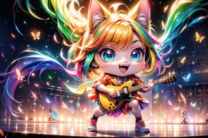 solo,closeup face,cat girl,cat tail,colorful aura,golden hair,animal head,red tie,colorful  jacket,colorful short skirt,orange shirt,colorful sneakers,wearing a colorful  watch,singing in front of microphone,play electric guitar,animals background,fireflies,shining point,concert,colorful stage lighting,no people