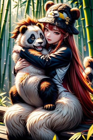 little boy,panda girl,biting bamboo leaves,catch a baby bear,crane wings,panda hair,hungry pose,wear rooster head,panda droopy ears,crane hat on top head,lion pearl on hat,lion sunglasses,lion pantyhose,leopard  jacket,panda shirt,tiger shorts,panda sneakers,panda underwear,panda aura,panda fire everywhere,crane babys,5_figner,bamboo forest