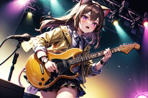 solo,closeup face,cat girl,cat tail,colorful aura,brown hair,long hair,colorful tie,yellow jacket,colorful short skirt,colorful shirt,colorful sneakers,wearing a colorful watch,singing in front of microphone,play electric guitar,animals background,fireflies,shining point,concert,colorful stage lighting,no people