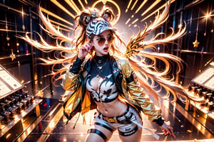 solo,zebra girl,closeup face,zebra head,play electric guitar,singing in front of microphone,
golden wings,hungry pose,zebra sunglasses,zebra  pantyhose,zebra  jacket,zebra shirt,zebra shorts,zebra  sneakers,zebra underwear,panda aura,5_figner,shining point,concert,colorful stage lighting,animals background,no people