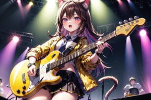 solo,closeup face,cat girl,cat tail,colorful aura,brown hair,long hair,colorful tie,yellow jacket,colorful short skirt,colorful shirt,colorful sneakers,wearing a colorful watch,singing in front of microphone,play electric guitar,animals background,fireflies,shining point,concert,colorful stage lighting,no people