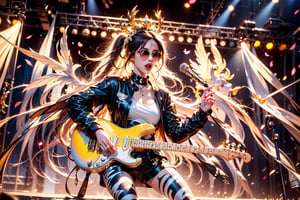 solo,zebra girl,closeup face,zebra head,play electric guitar,singing in front of microphone,
golden wings,hungry pose,zebra sunglasses,zebra  pantyhose,zebra  jacket,zebra shirt,zebra shorts,zebra  sneakers,zebra underwear,panda aura,5_figner,shining point,concert,colorful stage lighting,animals background,no people