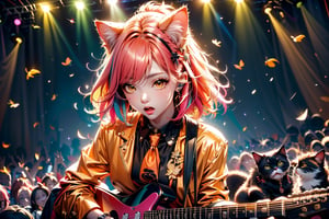 solo,closeup face,cat girl,colorful aura,pink hair,animal head,red tie,colorful  jacket,colorful short skirt,orange shirt,colorful sneakers,wearing a colorful  watch,singing in front of microphone,play electric guitar,animals background,fireflies,shining point,concert,colorful stage lighting,no people