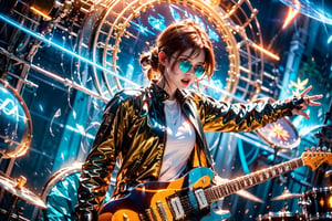 closeup face,solo,1boy,blue glowing aura,thick hair,orange hair,brown hair,gold frame sunglasses,red tie,red jacket,teal shorts,White shirt,a gold edge pocket on left side pants,white sneakers,right hand wearing a white square watch,white sneakers,singing in front of microphone,play electric guitar,universe background,cyan beam,fireflies,shining point,concert,colorful stage lighting,no people