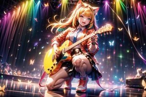 solo,closeup face,cat girl,cat tail,colorful aura,golden hair,animal head,red tie,colorful  jacket,colorful short skirt,orange shirt,colorful sneakers,wearing a colorful  watch,singing in front of microphone,play electric guitar,animals background,fireflies,shining point,concert,colorful stage lighting,no people