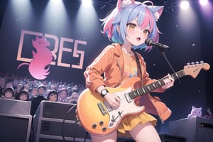 solo,closeup face,animal girl,colorful aura,colorful hair,animal head,red tie,colorful  jacket,colorful short skirt,orange shirt,colorful sneakers,wearing a colorful  watch,singing in front of microphone,play electric guitar,animals background,fireflies,shining point,concert,colorful stage lighting,no people