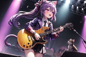 solo,closeup face,cat girl,cat tail,colorful aura,purple hair,double long hair  tail,colorful tie,colorful jacket,colorful short skirt,colorful shirt,colorful sneakers,wearing a colorful  watch,singing in front of microphone,play electric guitar,animals background,fireflies,shining point,concert,colorful stage lighting,no people