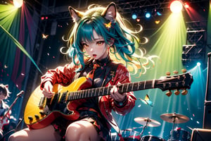 solo,closeup face,animal girl,colorful aura,colorful hair,animal head,red tie,colorful  jacket,colorful short skirt,orange shirt,colorful sneakers,wearing a colorful  watch,singing in front of microphone,play electric guitar,animals background,fireflies,shining point,concert,colorful stage lighting,no people