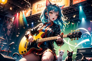 solo,closeup face,cat girl,colorful aura,blue hair,animal head,red tie,colorful  jacket,colorful short skirt,orange shirt,colorful sneakers,wearing a colorful  watch,singing in front of microphone,play electric guitar,animals background,fireflies,shining point,concert,colorful stage lighting,no people