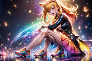 solo,closeup face,animal girl,colorful aura,golden hair,animal head,red tie,colorful  jacket,colorful short skirt,orange shirt,colorful sneakers,wearing a colorful  watch,singing in front of microphone,play electric guitar,animals background,fireflies,shining point,concert,colorful stage lighting,no people