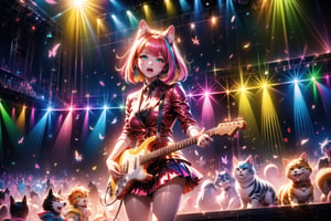 solo,closeup face,animal girl,colorful aura,pink hair,animal head,red tie,colorful  jacket,colorful short skirt,orange shirt,colorful sneakers,wearing a colorful  watch,singing in front of microphone,play electric guitar,animals background,fireflies,shining point,concert,colorful stage lighting,no people
