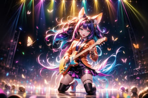 solo,closeup face,animal girl,colorful aura,purple hair,animal head,red tie,colorful  jacket,colorful short skirt,orange shirt,colorful sneakers,wearing a colorful  watch,singing in front of microphone,play electric guitar,animals background,fireflies,shining point,concert,colorful stage lighting,no people