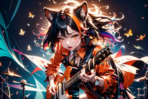 solo,closeup face,animal girl,colorful aura,colorful hair,animal head,red tie,colorful  jacket,colorful short skirt,orange shirt,colorful sneakers,wearing a colorful  watch,singing in front of microphone,play electric guitar,animals background,fireflies,shining point,concert,colorful stage lighting,no people,Korean