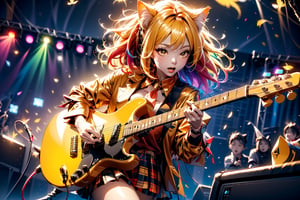 solo,closeup face,cat girl,cat tail,colorful aura,golden hair,animal head,red tie,colorful  jacket,colorful short skirt,orange shirt,colorful sneakers,wearing a colorful  watch,singing in front of microphone,play electric guitar,animals background,fireflies,shining point,concert,colorful stage lighting,no people