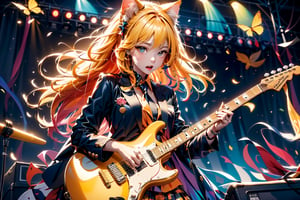 solo,closeup face,cat girl,cat tail,colorful aura,golden hair,long hair,animal head,red tie,blue jacket,colorful short skirt,orange shirt,colorful sneakers,wearing a colorful  watch,singing in front of microphone,play electric guitar,animals background,fireflies,shining point,concert,colorful stage lighting,no people