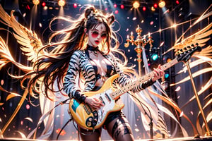 solo,zebra girl,closeup face,zebra head,play electric guitar,singing in front of microphone,
golden wings,hungry pose,zebra sunglasses,zebra  pantyhose,zebra  jacket,zebra shirt,zebra shorts,zebra  sneakers,zebra underwear,panda aura,5_figner,shining point,concert,colorful stage lighting,animals background,no people