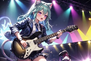 solo,closeup face,cat girl,cat tail,colorful aura,blue hair,long hair,colorful tie,colorful jacket,colorful short skirt,colorful shirt,colorful sneakers,wearing a colorful  watch,singing in front of microphone,play electric guitar,animals background,fireflies,shining point,concert,colorful stage lighting,no people