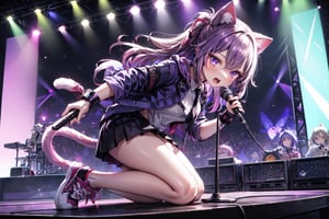 solo,closeup face,cat girl,cat tail,colorful aura,purple hair,double long  hair,colorful tie,colorful jacket,colorful short skirt,colorful shirt,colorful sneakers,wearing a colorful  watch,singing in front of microphone,play electric guitar,animals background,fireflies,shining point,concert,colorful stage lighting,no people