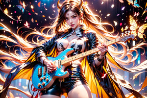 solo,cow girl,closeup face,cow head,holding electric guitar,singing in front of microphone,
cow wings,hungry pose,milk pantyhose,cow jacket,cow shirt,zebra shorts,cow underwear,milk aura,shining point,concert,colorful stage lighting,milk background,no people,Butterfly,electric guitar