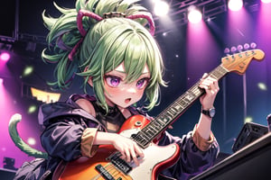 solo,closeup face,cat girl,cat tail,colorful aura,green hair,double hair tail,colorful tie,colorful jacket,colorful short skirt,colorful shirt,colorful sneakers,wearing a colorful  watch,singing in front of microphone,play electric guitar,animals background,fireflies,shining point,concert,colorful stage lighting,no people