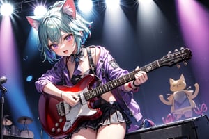 solo,closeup face,cat girl,cat tail,colorful aura,blue hair,short hair,colorful tie,colorful jacket,colorful short skirt,colorful shirt,colorful sneakers,wearing a colorful  watch,singing in front of microphone,play electric guitar,animals background,fireflies,shining point,concert,colorful stage lighting,no people