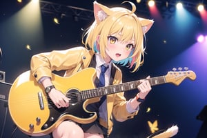 solo,closeup face,cat girl,cat tail,colorful aura,golden hair,short hair,colorful tie,golden jacket,colorful short skirt,colorful shirt,colorful sneakers,wearing a colorful watch,singing in front of microphone,play electric guitar,animals background,fireflies,shining point,concert,colorful stage lighting,no people