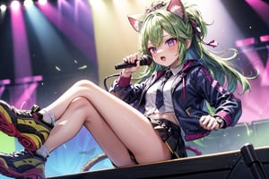 solo,closeup face,cat girl,cat tail,colorful aura,green hair,long hair,colorful tie,colorful jacket,colorful short skirt,colorful shirt,colorful sneakers,wearing a colorful  watch,singing in front of microphone,play electric guitar,animals background,fireflies,shining point,concert,colorful stage lighting,no people