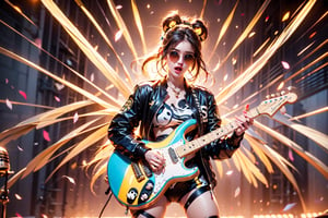 solo,zebra girl,closeup face,zebra head,play electric guitar,singing in front of microphone,
golden wings,hungry pose,zebra sunglasses,zebra  pantyhose,zebra  jacket,zebra shirt,zebra shorts,zebra  sneakers,zebra underwear,panda aura,5_figner,shining point,concert,colorful stage lighting,animals background,no people