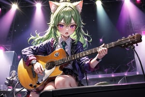 solo,closeup face,cat girl,cat tail,colorful aura,green hair,long hair,colorful tie,colorful jacket,colorful short skirt,colorful shirt,colorful sneakers,wearing a colorful  watch,singing in front of microphone,play electric guitar,animals background,fireflies,shining point,concert,colorful stage lighting,no people