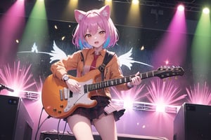 solo,closeup face,animal girl,colorful aura,colorful hair,animal head,red tie,colorful  jacket,colorful short skirt,orange shirt,colorful sneakers,wearing a colorful  watch,singing in front of microphone,play electric guitar,animals background,fireflies,shining point,concert,colorful stage lighting,no people